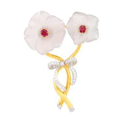 Lot 1162 - Two-Color Gold, Carved Frosted Rock Crystal, Ruby and Diamond Flower Clip-Brooch