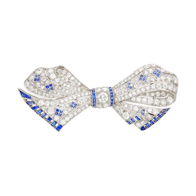 Lot 141 - Platinum, Diamond and Sapphire Bow Brooch