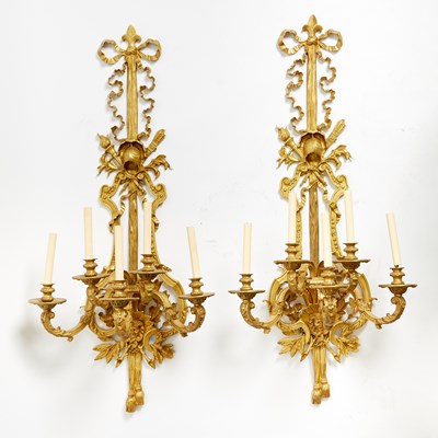 Lot Pair of Large Louis XVI Style Gilt-Bronze Five-Light Wall Lights
