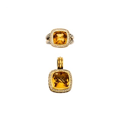 Lot 2268 - David Yurman Silver, Gold, Citrine and Diamond 'Albion' Pendant and Ring