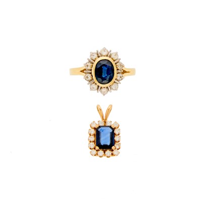 Lot 2271 - Gold, Two-Color Sapphire and Diamond Ring and Pendant