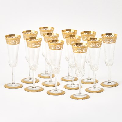 Lot 786 - Set of Twelve St. Louis Blown Glass "Thistle" Pattern Champagne Flute Glasses