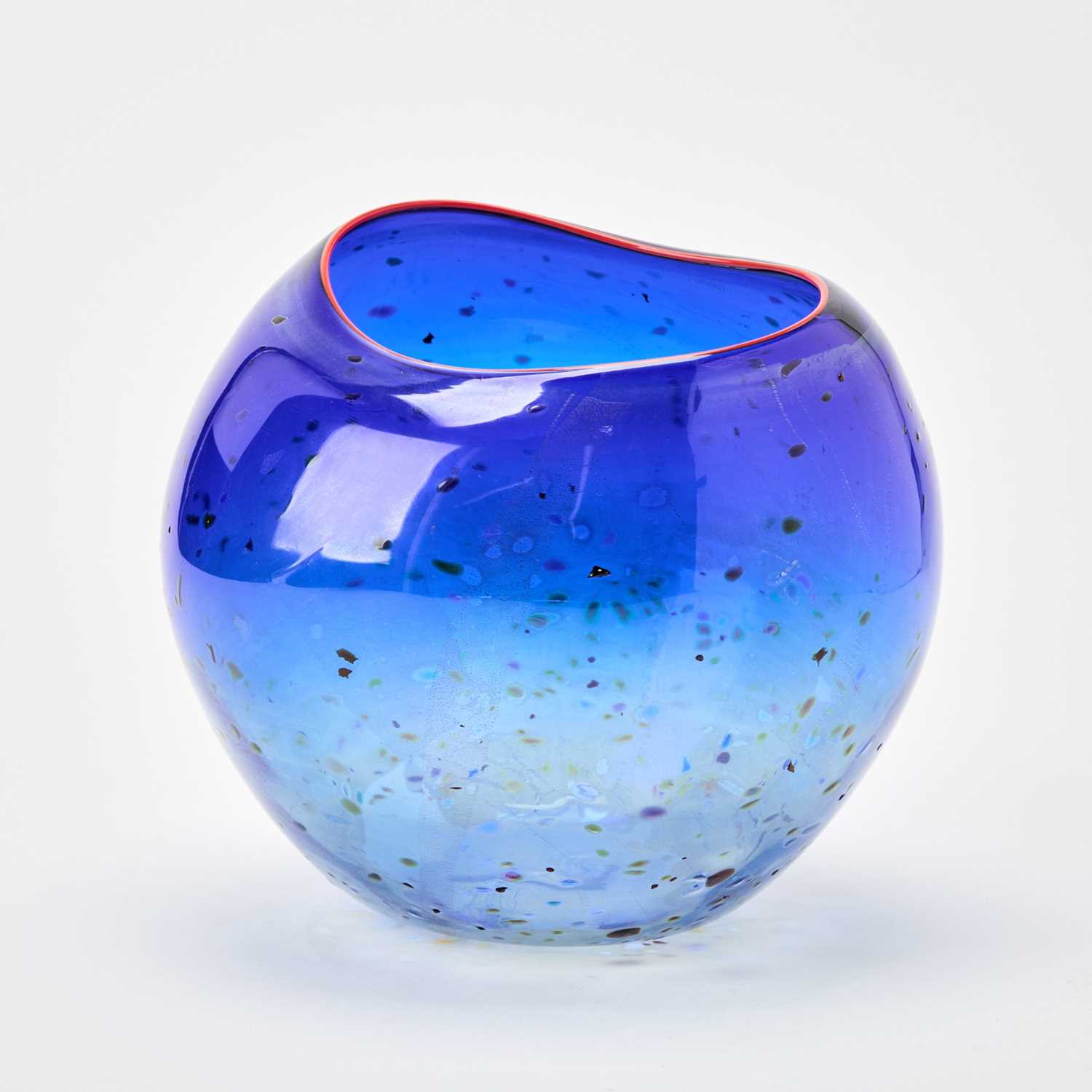 Lot 222 - Dale Chihuly Hand-Blown Glass Cobalt Blue Basket With “Confetti” and Cadmium Red Lip Wrap