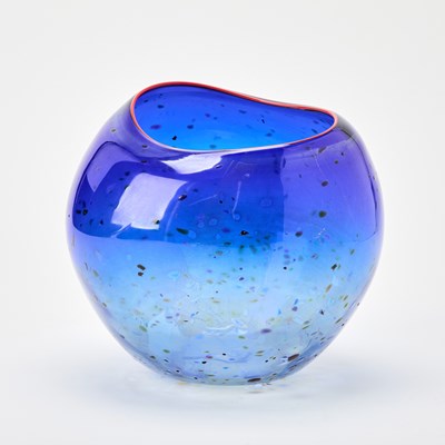 Lot Dale Chihuly Hand-Blown Glass Cobalt Blue Basket With “Confetti” and Cadmium Red Lip Wrap
