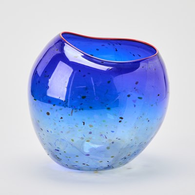 Lot 222 - Dale Chihuly Hand-Blown Glass Cobalt Blue Basket With “Confetti” and Cadmium Red Lip Wrap