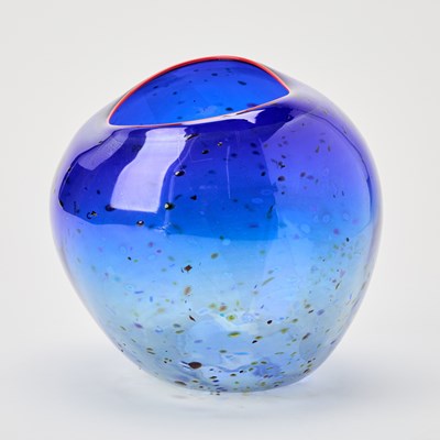 Lot 222 - Dale Chihuly Hand-Blown Glass Cobalt Blue Basket With “Confetti” and Cadmium Red Lip Wrap