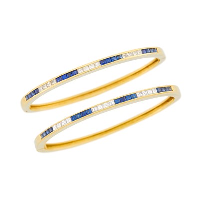 Lot 1110 - Pair of Gold, Sapphire and Diamond Bangle Bracelets