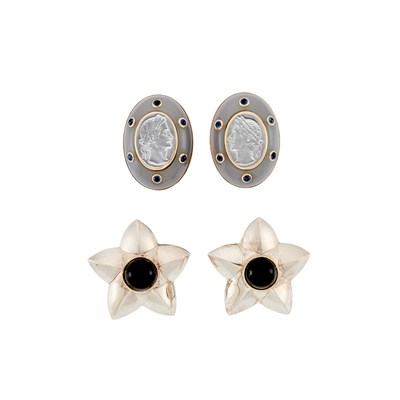 Lot 2254 - Pair of Trianon Gold, Mother-of-Pearl, Chalcedony and Cabochon Sapphire Earclips and Pair of Tiffany & Co. Silver, Gold and Black Onyx Earrings