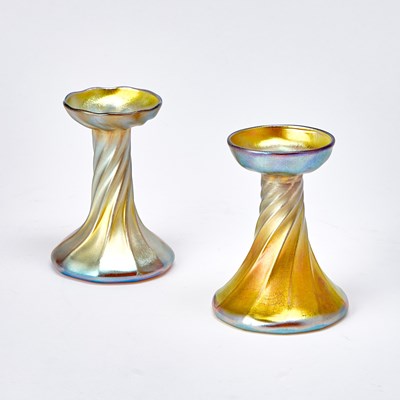 Lot 832 - Two Similar Tiffany Blown Favrile Glass Candlesticks
