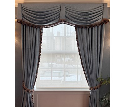 Lot 509 - Set of Eight Osborne & Little Blue Damask Curtains