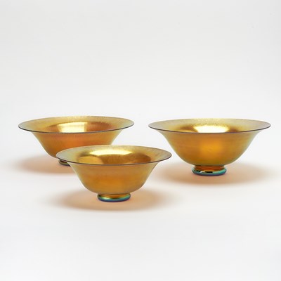 Lot 819 - Group of Three Carder Steuben Gold Aurene Blown Glass Footed Center Bowls