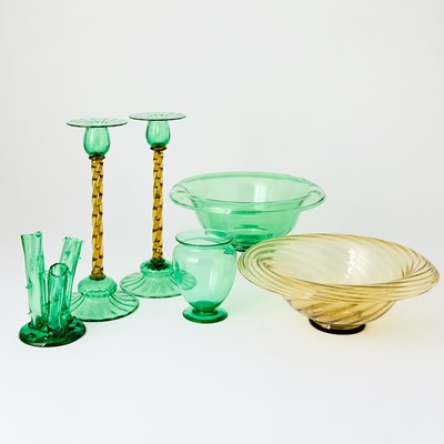 Lot 824 - Group of Carder Steuben Blown Glass Green and Yellow Table Articles