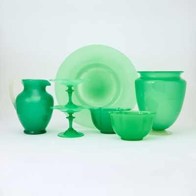 Lot 825 - Group of Carder Steuben Green Jade and Green Jade and Alabaster Glass Table Articles