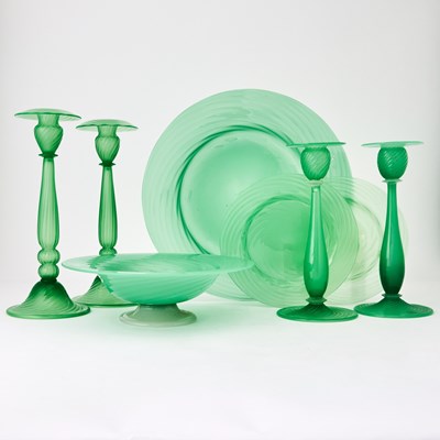 Lot 826 - Group of Carder Steuben Blown Glass Green Jade and Green Jade and Alabaster Table Articles