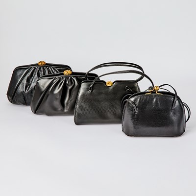 Lot 47 - Group of Four Judith Leiber Black Lizard Skin and Leather Evening Bags