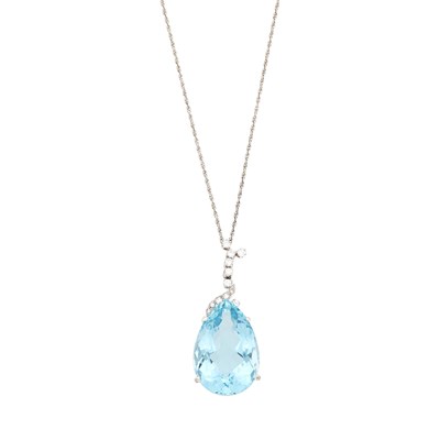 Lot 1072 - White Gold, Aquamarine and Diamond Pendant with White Gold Chain Necklace
