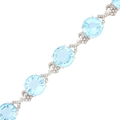 Lot 1071 - White Gold, Aquamarine and Diamond Bracelet