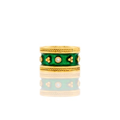 Lot 2273 - Wide Gold, Green Enamel and Diamond Band Ring