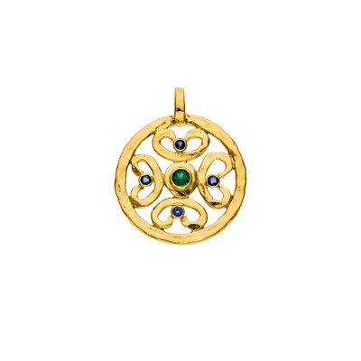 Lot 2208 - Gold, Emerald and Sapphire Pendant