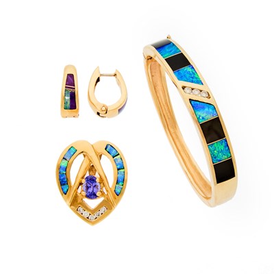 Lot 2039 - Gold, Opal, Black Onyx, Sugilite, Tanzanite and Diamond Bangle Bracelet, Pair of Earrings and Pendant