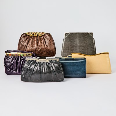 Lot 50 - Group of Five Judith Leiber Lizard Skin and Ostrich Clutches