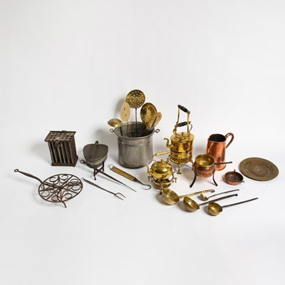 Lot 214 - Group of Brass, Copper and Metal Fireplace Cooking Items
