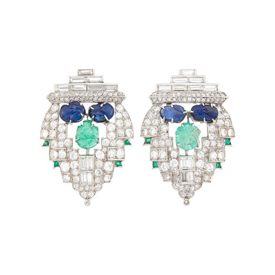 Lot 133 - Pair of Platinum, Carved Sapphire and Emerald and Diamond Clip-Brooches
