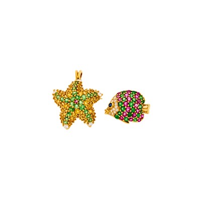 Lot 2205 - Two Gold, Gem-Set and Diamond Aquatic Brooches
