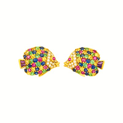 Lot 1108 - Jean Vitau Gold, Gem-Set and Diamond Fish Earclips