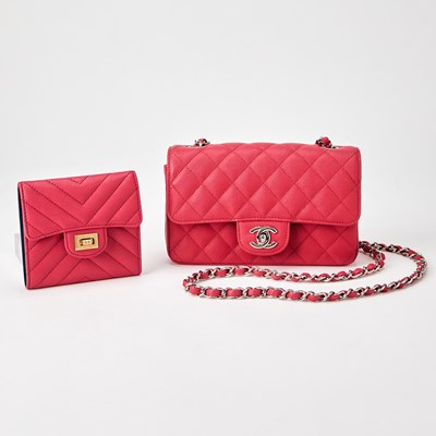 Lot 1220 - Chanel Red Caviar Leather Flap Bag and Chevron Quilted 2.55 Wallet