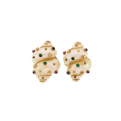 Lot 2008 - Maz Pair of Gold, Cabochon Colored Stone and Shell Earclips