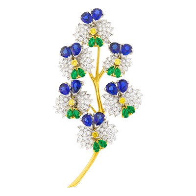 Lot 261 - Tiffany & Co., Schlumberger Platinum, Gold, Diamond, Colored Diamond, Sapphire and Emerald Clip-Brooch