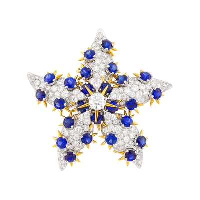 Lot 256 - Tiffany & Co., Schlumberger Platinum, Gold, Diamond and Sapphire Starfish Clip-Brooch