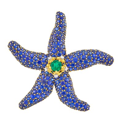 Lot 234 - Tiffany & Co., Schlumberger Gold, Emerald, Sapphire and Diamond 'Étoile de Mer' Clip-Brooch, France