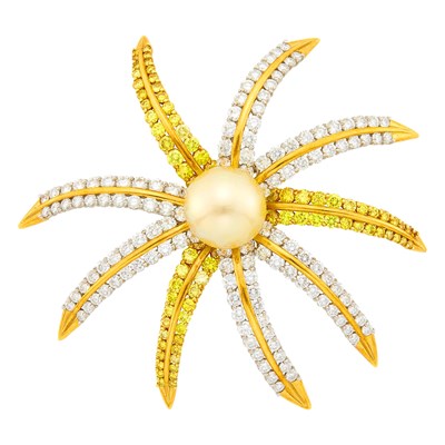 Lot 252 - Tiffany & Co. Gold, Platinum, Golden South Sea Cultured Pearl, Diamond and Colored Diamond 'Fireworks' Brooch