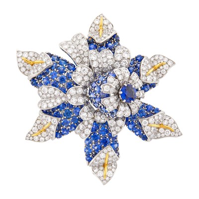 Lot 274 - Tiffany & Co., Schlumberger Platinum, Gold, Sapphire and Diamond 'Fleur de Mer' Clip-Brooch, France