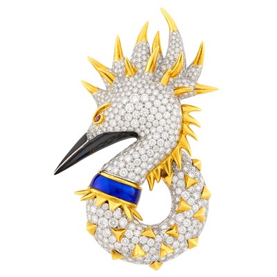 Lot 277 - Tiffany & Co., Schlumberger Platinum, Gold, Diamond and Enamel 'Seabird' Clip-Brooch