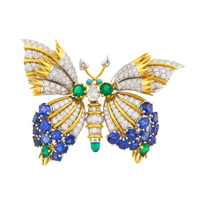 Lot 238 - Tiffany & Co., Schlumberger Platinum, Gold, Diamond and Gem-Set Butterfly Clip-Brooch