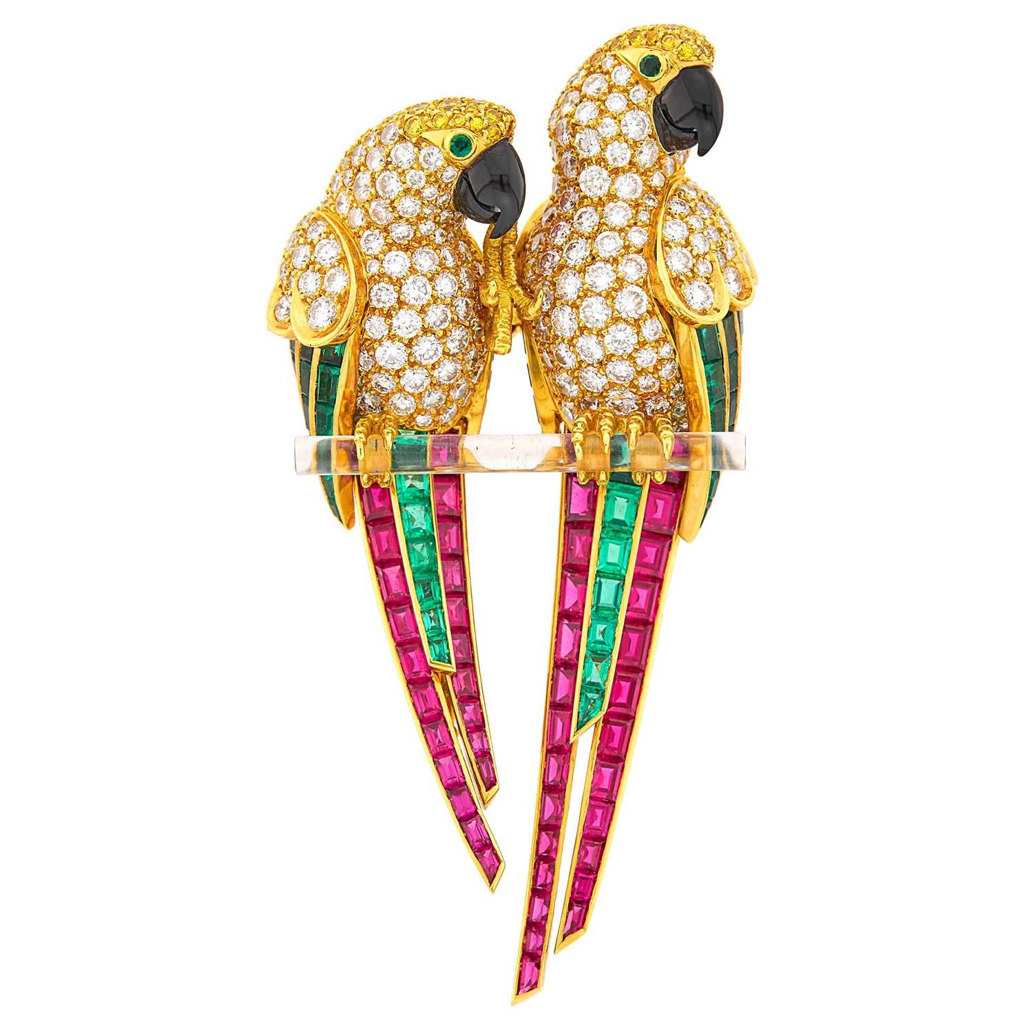 Lot 240 - Cartier Gold, Diamond, Colored Diamond, Gem-Set, Rock Crystal and Black Enamel Parrot Clip-Brooch, France