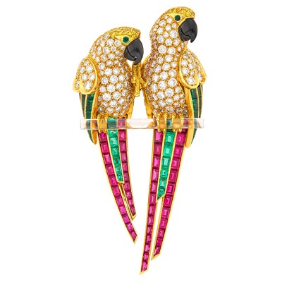 Lot 240 - Cartier Gold, Diamond, Colored Diamond, Gem-Set, Rock Crystal and Black Enamel Parrot Clip-Brooch, France