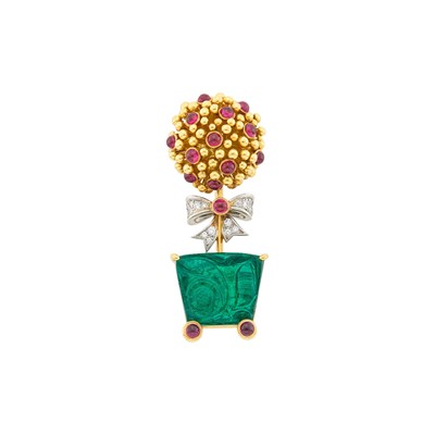 Lot 217 - Tiffany & Co. Gold, Platinum, Carved Emerald, Diamond and Cabochon Ruby Brooch