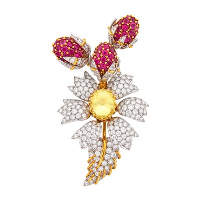 Lot 246 - Tiffany & Co., Schlumberger Platinum, Gold, Yellow Sapphire, Pink Tourmaline and Diamond Flower Clip-Brooch