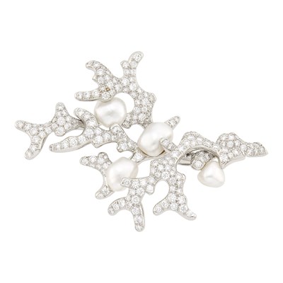 Lot 254 - Tiffany & Co. Platinum, Baroque Cultured Pearl and Diamond Brooch