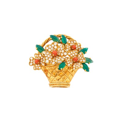 Lot 194 - Van Cleef & Arpels Gold, Diamond, Coral and Green Chrysoprase 'Corbeille de Fleurs' Clip-Brooch, France