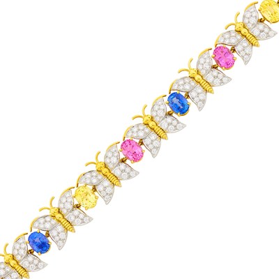 Lot 253 - Tiffany & Co., Schlumberger Gold, Platinum, Multicolored Sapphire and Diamond Butterfly Bracelet