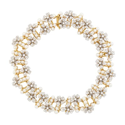 Lot Tiffany & Co., Schlumberger Gold, Platinum, Diamond and Cultured Pearl Floret Necklace
