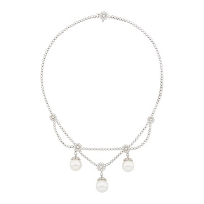Lot 167 - Tiffany & Co. Platinum, Diamond and South Sea Cultured Pearl Swag Necklace