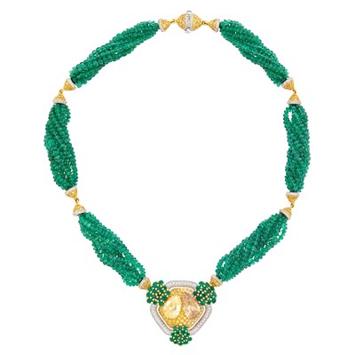 Lot 221 - Emil Meister Two-Color Gold, Multistrand Emerald Bead, Fancy Colored Diamond and Diamond Torsade Necklace