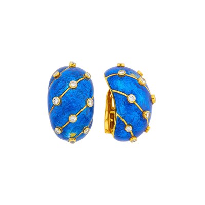 Lot 66 - Tiffany & Co., Schlumberger Pair of Gold, Paillonné Blue Enamel and Diamond 'Banana' Earclips, France