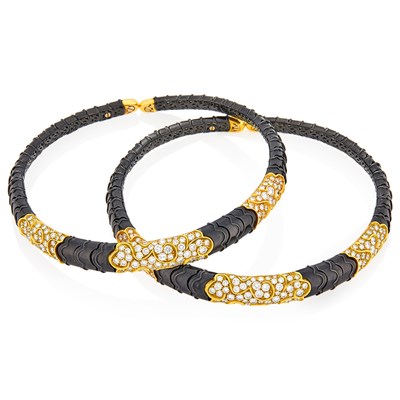 Lot 209 - Marina B Pair of Blackened Steel, Gold and Diamond 'Onda' Choker Necklaces